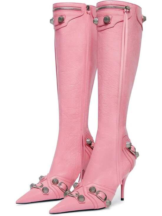 Shoes - Women's Pink Stiletto Knee High Boots Pointed Toe Boot High Heel Boots Zipper